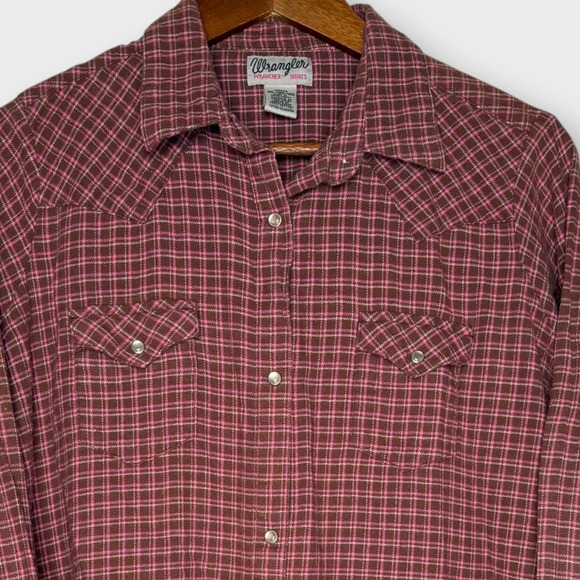 Wrangler Tops - Wrangler Wrancher Pearl Snap Flannel Long Sleeve Shirt Brown Pink Plaid Soft XXL